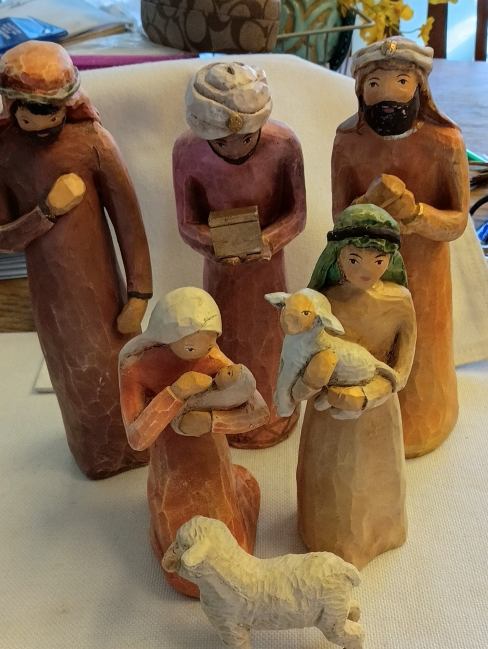 Nativity Set Of 6, Wood Carved, No Maker's Mark. Vintage, Large, EUC